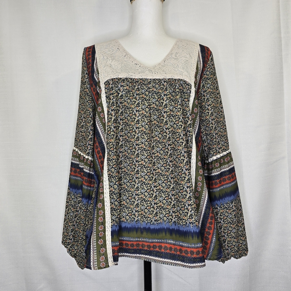 One‎ World BlouseSize Large Boho Lace Micro Floral Olive Charming Art